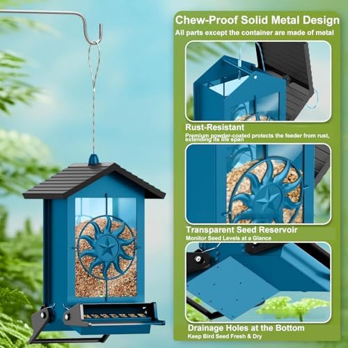 Squirrel Proof Bird Feeders for Outdoors with Weight-Activated, 5LB Large Metal Wild Bird Feeders for Cardinals,Blue Jay,Finch, Weatherproof Durable Hanging Bird Feeder for Backyard,Garden (Blue)