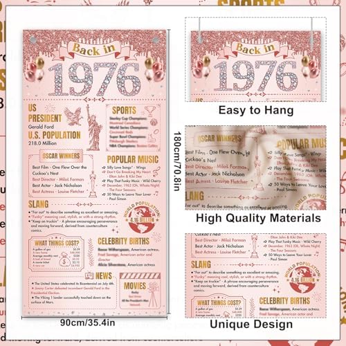 50th Birthday Decorations for Women, Rose Gold Back in 1976 Door Cover Decor, Fifty 50 Years Old Bday Large Front Door Cover Sign Backdrop Banner Supplies Decor, 3x6 Ft