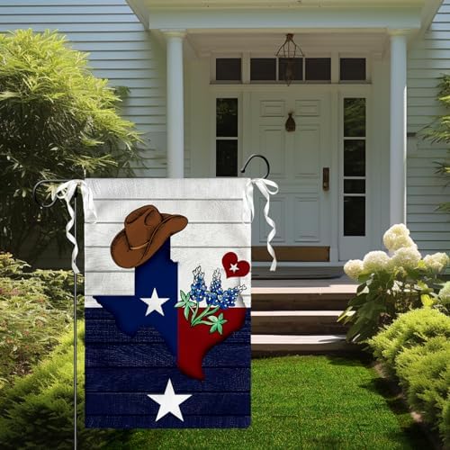 Texas Bluebonnet Garden Flag 12 x 18 Inch Texas Cowboy Hat Yard Flags Western Flags Double Sided Banners for Outdoor Yard Decor Souvenirs Gifts