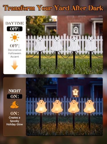 Goothy Halloween Ghosts Pathway Marker Lights, 4 White Ghosts with 4 Stakes, 7Ft Extendable Pathway String Lights, Waterproof for Halloween Lawn Walkway Driveway Markers