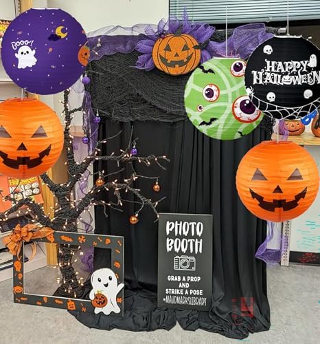 Halloween Hanging Paper Lanterns Party Decorations Indoor/Outdoor,Hocus Pocus Decorations/Baby Shower, Birthday,Halloween Pumpkin Paper Lanterns, 12 Inch, 5 Pack, Black Orange Purple Green