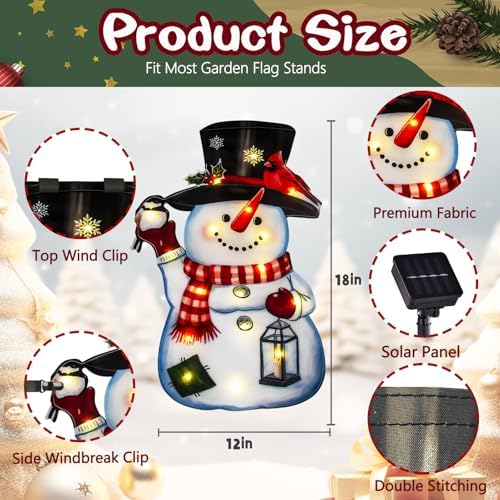 Lighted Christmas Snowman Garden Flag, 8 Modes Solar LED