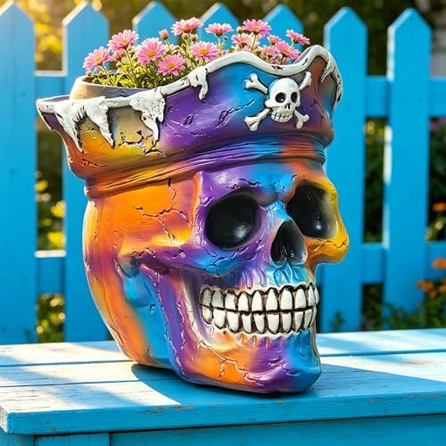 Funky Iridescent Skull Planter, Rainbow Pirate Skeleton Flower Pot for Plant Lover Gift, Small Decorative Psychedelic Figurine for Trippy Room Shelf Desk Boho/ Pop Art/ Streetwear/ Dark Academia Decor
