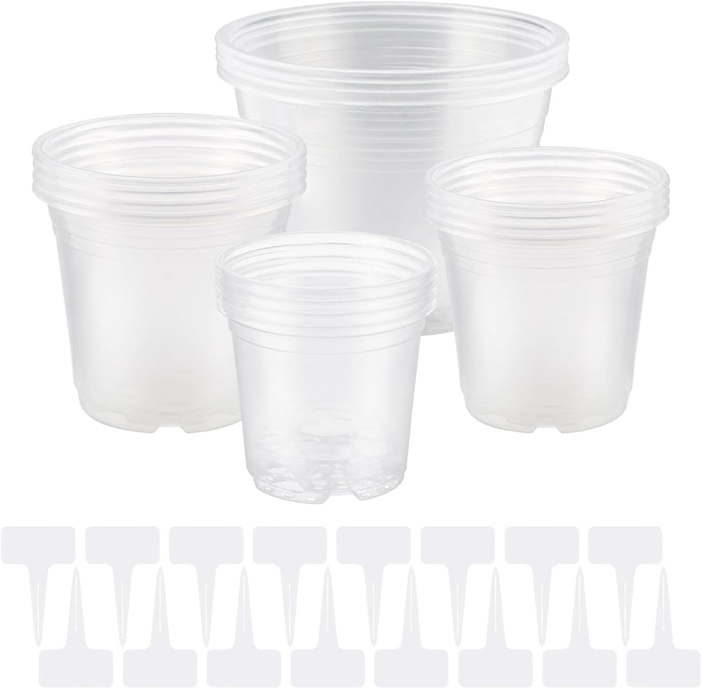 10/7/6/5 inch Clear Nursery Pots with Drainage Holes, 16 Pack Large Clear Plastic Pots with Plant Labels, Nursery Pots