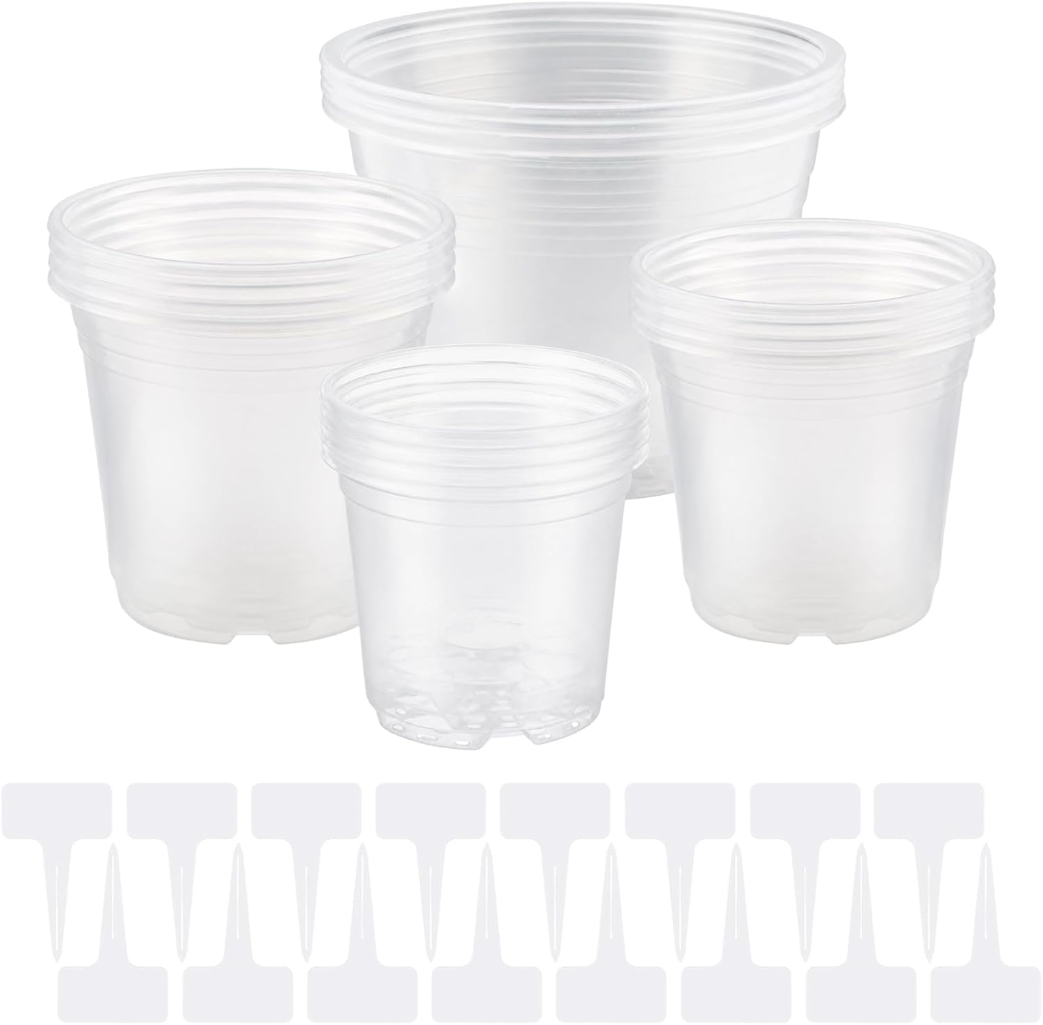 10/7/6/5 inch Clear Nursery Pots with Drainage Holes, 16 Pack Large Clear Plastic Pots with Plant Labels, Nursery Pots