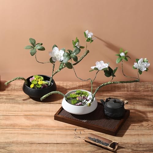 Ikebana Vase with Flower Frog White Ceramic Bowl Vases with Brass Stem Holder & Kenzan Straightener Japanese Floral Art Supplies Decorative Arrangement Pot for Home