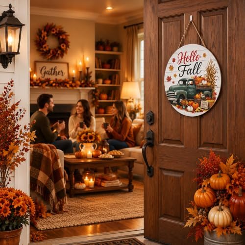 Fall Door Sign, 11.5" Wooden Hello Fall Sign with lanyard, Autumn Hanger