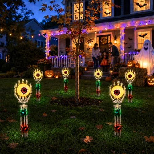 Halloween Decorations Outdoor, 2 Packs Skeleton Hands with Eyeball Lights