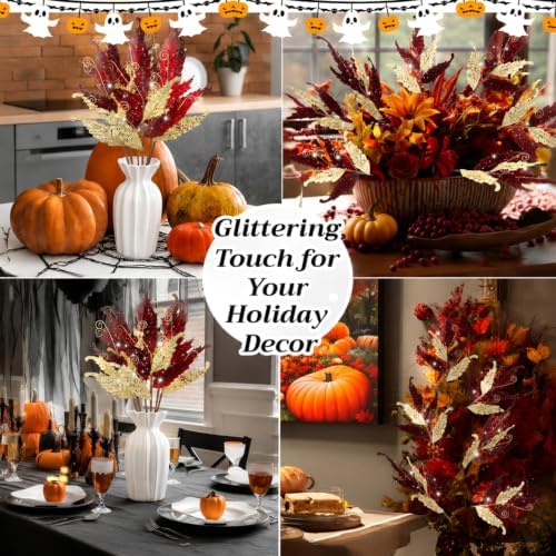 HyDren 10 Pcs Christmas Glitter Leaves Ornaments, Burgundy and Gold