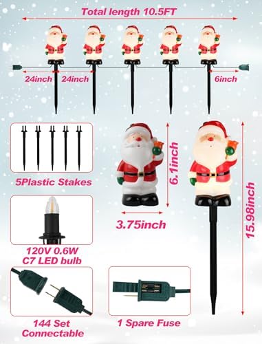 5-Pack Commercial-Grade Christmas Pathway Stakes - 15.98" Tall Santa Holding Bell Stake Lights with Heavy-Duty C7 LEDs, Waterproof for Pro-Level Yard Decor