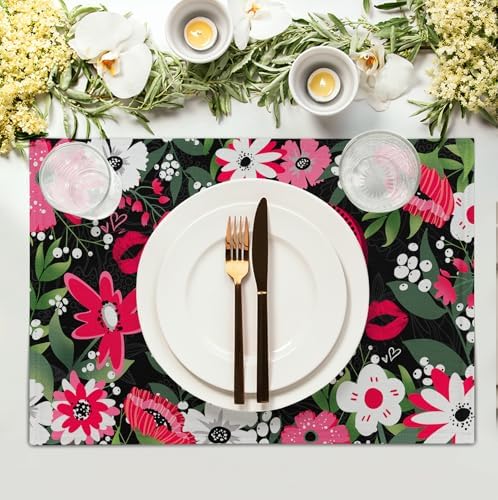 Happy Valentine's Day Placemats Set of 4 Valentine Flowers Love Heart Place Mats Pink Red White Floral Linen Table Mats Seasonal Black Placemat for Anniversary Wedding Party Kitchen Dining Decor