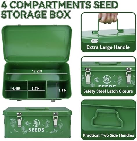 Seed Storage Organizer Box, 4 Compartments, Lockable, Dark Green