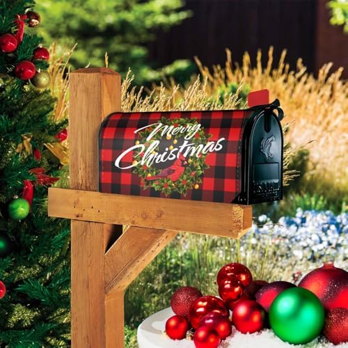 Merry Christmas Magnetic Mailbox Cover - Winter Xmas Wreath Red Buffalo Plaid Garden Yard Home Decor Outdoor Farmhouse Standard 21" L x 18" W