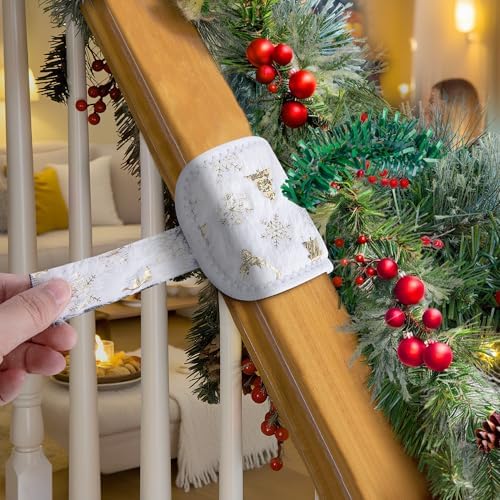 8 Pcs Railing Protection Christmas Garland Ties, White Decorative Banister Garlands Hanger, Adjustable Banister Protective Padded Faux Pine Stems Garland Ties for Staircase Wreath Home Holiday Decor