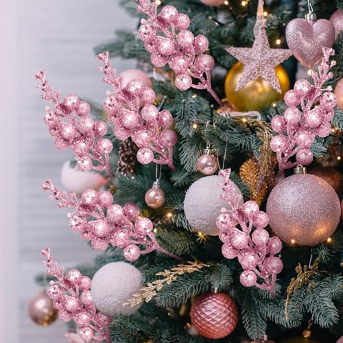 Geosar 36 Pcs Christmas Glittered Berries Stems, Pink