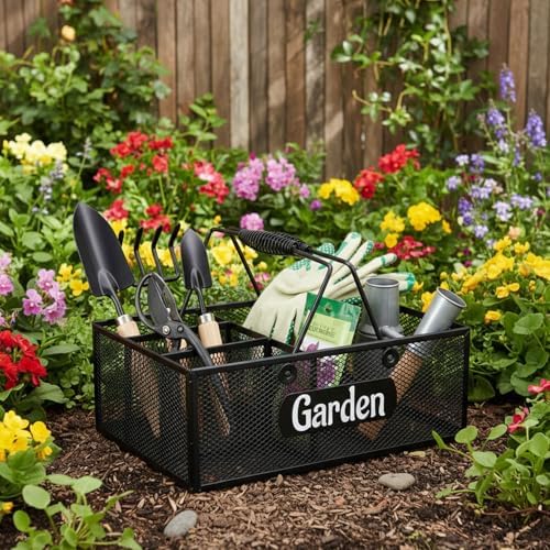 Garden Tool Storage, 4 Compartments Metal Mesh Garden Caddy, Portable Garden Basket with Handles, Gardening Tool Organizer for Indoor and Outdoor, Gardener Gift for Gardening Lovers, Black