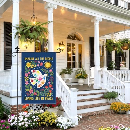 Imagine All The People Living Life In Peace Garden Flag, 12 x 18 Inch Double Sided Dove Peace Floral Decor, Inspirational Unity Kindness Outdoor Banner Gifts for Neighbor Friend Family