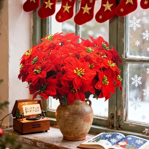 Grunyia 8PCS Artificial Poinsettia Flowers Christmas Decorations Silk Poinsettia Stem Realistic Holiday Home Decor for Table Centerpiece Wedding Party DIY
