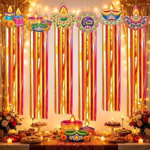 10 Pcs Diwali Hanging Decoration Traditional Indian Festival Ornaments with Diya Elephant Peacock Elements Tassel Hanging Streamers Diwali Decor for Home, Garden, Temple, Tree, Door Decor