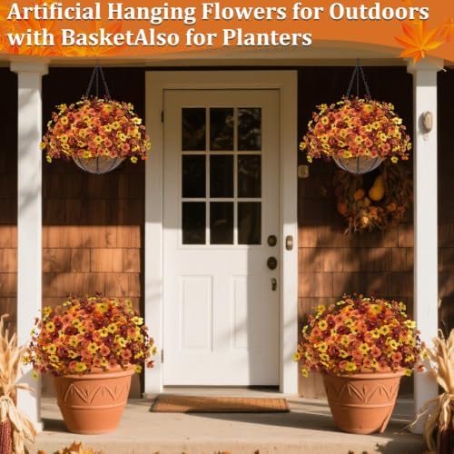 2 Sets Artificial Fall Mums Hanging Flowers Plants Baskets, 504 UV Resistant Faux Silk Violet Fake Chrysanthemum in Planter Realistic Look for Autumn Porch Home Patio Garden Yard Outdoor Decor