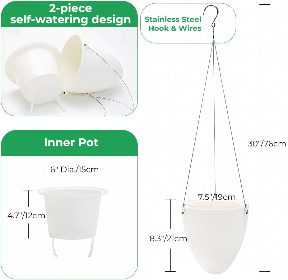 Self-Watering Hanging Planter Pot, Indoor Outdoor Plants, 6 Inch, 3 Pack | White | Stainless Steel Wire Hanger & Drip