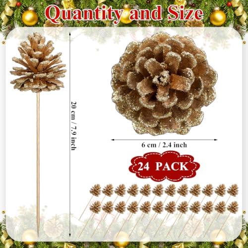 Thiccywoov 24 Pcs Christmas Pine Cone Pick Decoration for Tree Gold 3.15 in