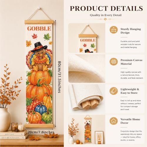 Fall Wall Hanging Decor, Gobble Turkey Canvas Banner for Harvest Party