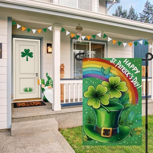 St Patricks Day Garden Flag 12x18In with Green Hat Four-leaf Clover