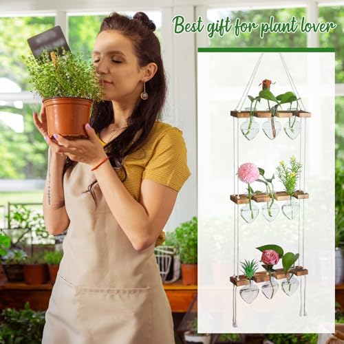 Leinuosen Wall Hanging Plant Propagation Stations Mother Gifts for Her Plant Lovers 3 Tiered 9 Heart Shaped Glass Vases Terrarium with Wooden Stand for Hydroponics Indoor Garden Home Decor(Clear)