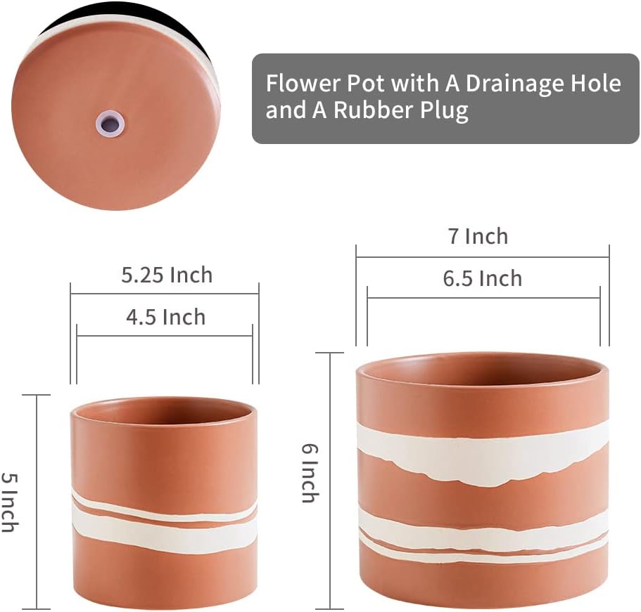 Nihow Ceramic Modern Plant Pot with Drainage for Indoor Plants,5+7 inch | set of 2, Terracotta,Cylinder Flower Pot with