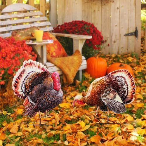 2 Pack Turkey Garden Stakes 20.5in Iron Fall Thanksgiving Yard Decor