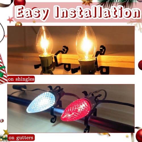 Christmas Light Clips All in One Clips 100Pack, Universal Gutter and Shingle Clip Hooks for Hanging C7, C9 and Mini Lights, Outdoor Xmas Holiday Light Hanger Clip Outside, No Tools Required - Black
