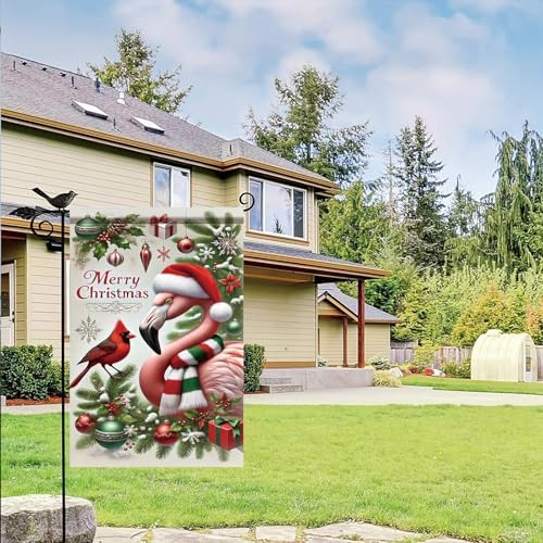 Christmas Garden Flag Flamingo with Cardinal Bird Flag 12x18 Inch Outdoor Double Sided Winter Seasonal Yard Banner Holiday Lawn Decoration Xmas Tree Ornaments for Porch Patio Garden