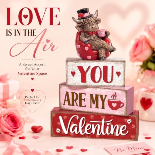 Yousoontic Valentine's Day Highlandcow Block Sign Rustic Tiered Tray Decor