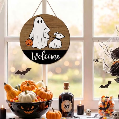 Halloween Ghost Walking Dog Door Sign Decorations Round Welcome Wood Wreath