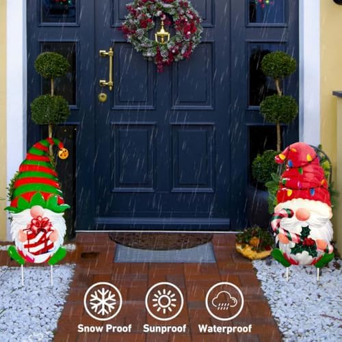 2 Packs Chrismas Decorations Yard Stakes Sign, 23 Inch Metal Gnome Stake, Waterproof Outdoor Decorative Xmas Holiday Outdoor Garden Welcome Signs Yard Lanwn Stake