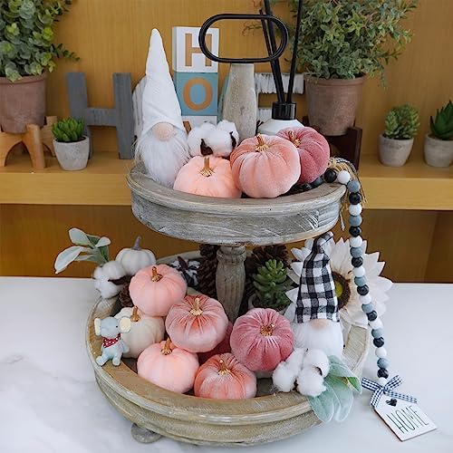 Winlyn 12 Pcs Small Rustic Faux Velvet Pumpkins Decorative Blush Coral Pink Peach Ivory Fabric Foam Pumpkins 3" for Fall Wedding Bbay Shower Thanksgiving Halloween Table Centerpiece Décor
