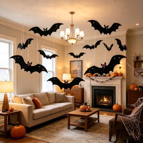 Large Hanging Bats Halloween 3D Yard Outdoor Decoration Outside (12, black)