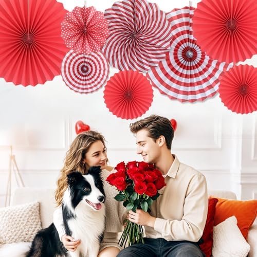 Red Party Deocations Hanging Round Paper Fan Decoration Set 8Pcs