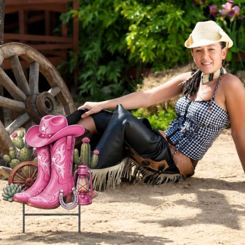 Amyhill Western Cowgirl Outdoor Decor Pink Boot Metal Garden Stakes 24 Inch