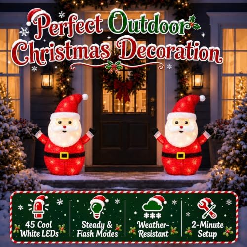 2 Pack Lighted Christmas Santa Outdoor Decorations, 45 LEDs, 2 Modes