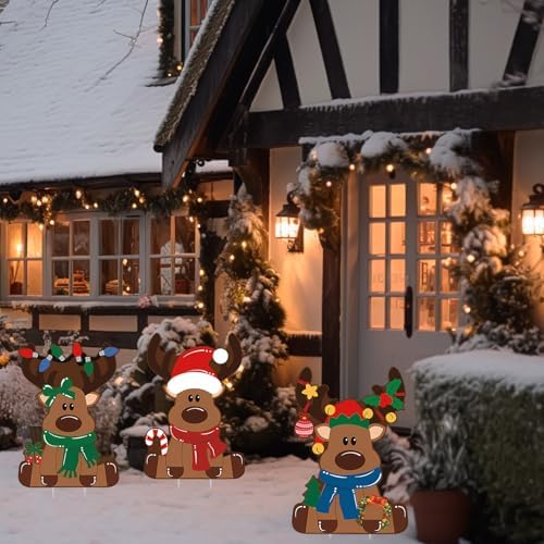 Weysat 3 Pcs Reindeer Christmas Yard Signs with Stakes, Elk Decoration