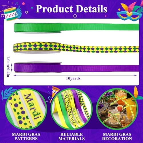 DECYOOL Mardi Gras Ribbon 6 Rolls 60 Yards Holiday Grosgrain Ribbons