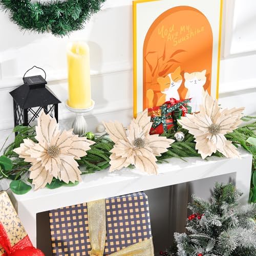 6 Pcs 12" Large Glitter Poinsettia Artificial Christmas Flowers with Stems Xmas Tree Wreath Ornaments New Year Home Wedding Party Decor (Champagne)