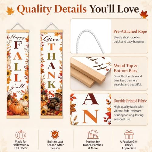 Happy Fall Door Banner Set of 2, Give Thanks Turkey Porch Decor for Home