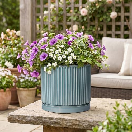 Ceramic Planter 10 Inch, Round Plant Pots with Saucer, Glaze Blue