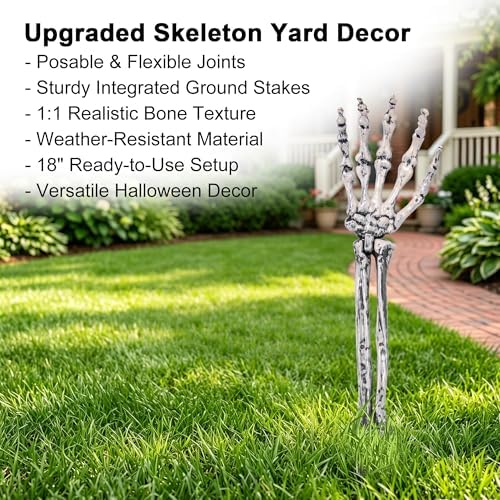 GameXcel 6 Pcs Halloween Skeleton Hands with Stakes - 18" Posable Arms