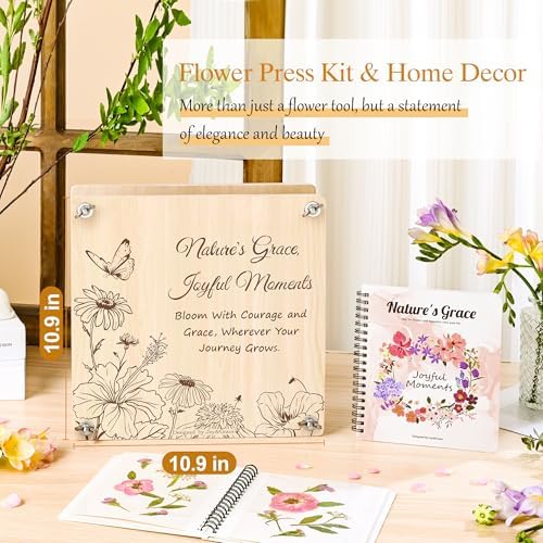 Joy&Grace Large Flower Press Kit for Adults with Designed Cover and DIY Album,10 Layers Plant Press and Plant Drying Toolkit, Flower Preservation Kit, 10.9" x 10.9" (Color Box, Natural Wood)