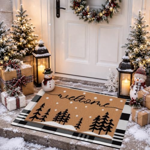 Tinideya 2 Pcs Christmas Layered Doormat Set for Front Porch, Snowy Tree