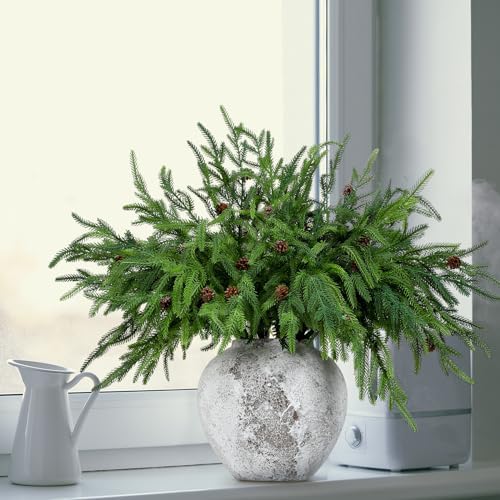 Yinder Xmas Artificial Norfolk Pine Branches with Pine Cones, 16 Pcs
